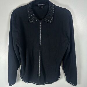 Christine Alexander Elegant Black Rhinestone Studded Sweater with Collar Large